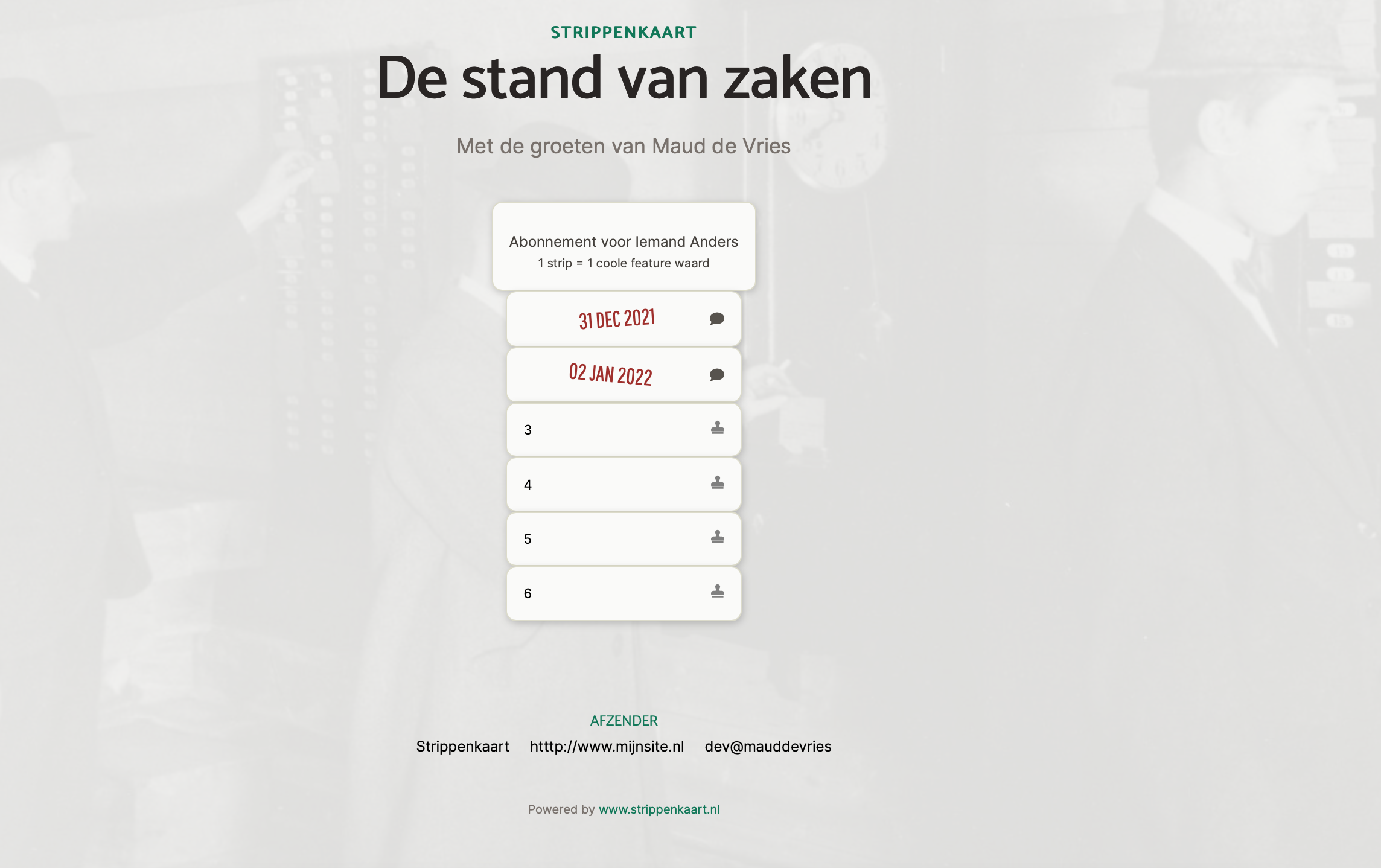 De pagina die je klant ziet met de secret link met je afzender-gegevens